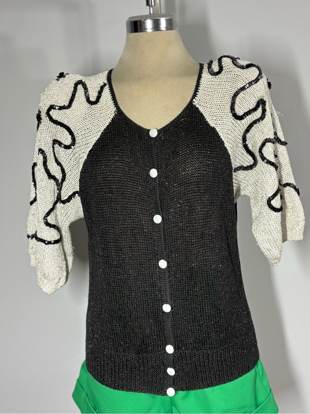 Black & White Short Sleeve Button-Front Knit Cardigan - Picture 1 of 12